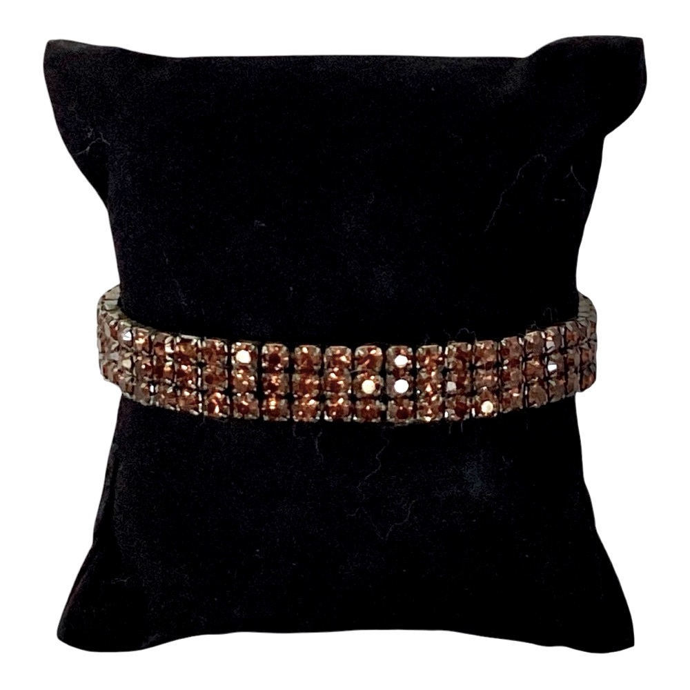 1928 Gunmetal Tone Flexible Stretch Bracelet 3 Row Smokey Topaz Rhinestones
